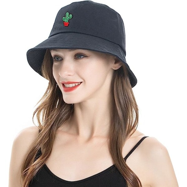 Bucket Hat Bomull Sommar Fiskarhatt för kvinnor män, (kaktus-svart)