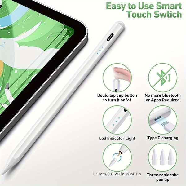 Styluspen til iPad 2018-2023, Magnetisk iPad-pen, Apple Pencil, Hældningssensor & håndfladeafvisning, Kompatibel med iPad 6-10, iPad Mini 5/6, iPad