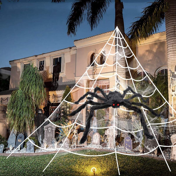 Halloween edderkoppnett Kjempeedderkoppdekorasjoner Falsk edderkopp