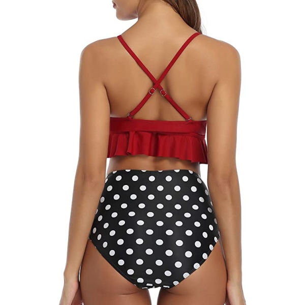 Kvinders todelt badedragt højtaljet flæsebikini V-hals Crimson XL Dark Red Polka Dot XL