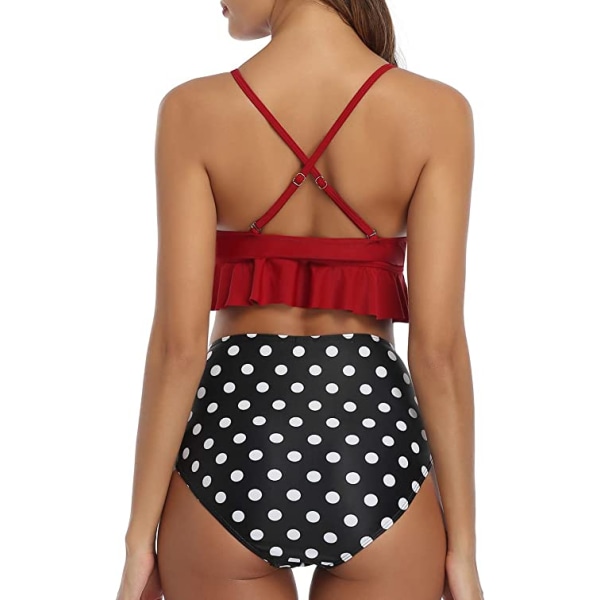 Tvådelad baddräkt för kvinnor med hög midja volang Bikini V-hals Crimson XL Dark Red Polka Dot XL