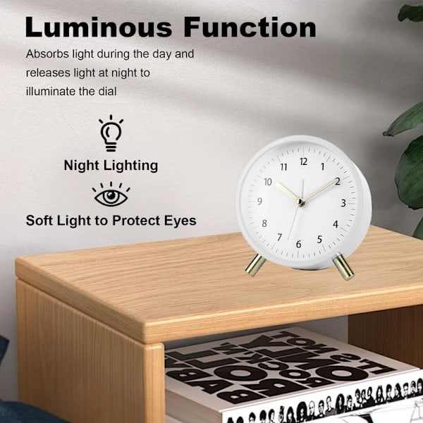 Alarm Clock, Silent Non Ticking with Light, Modern Metal Bedside Clock White 11×11cm