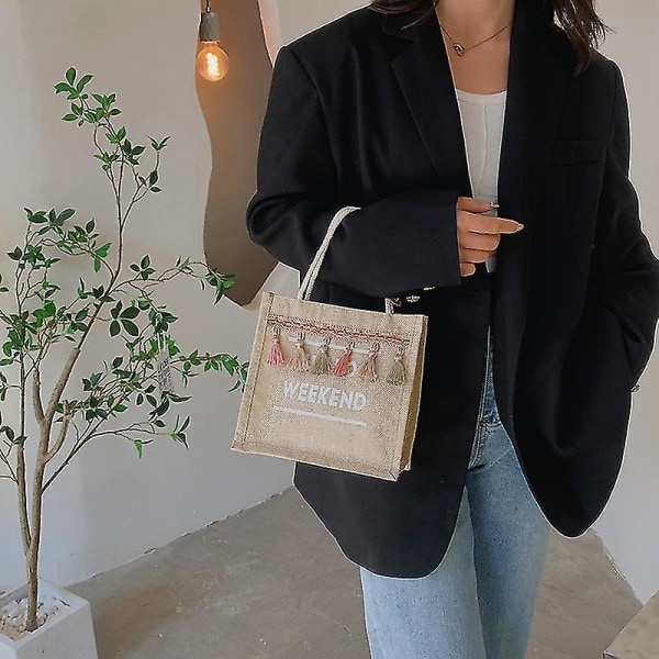 Kvinners Dusk Trim Jute Strandveske Shopping Bag Med Håndtak Svart