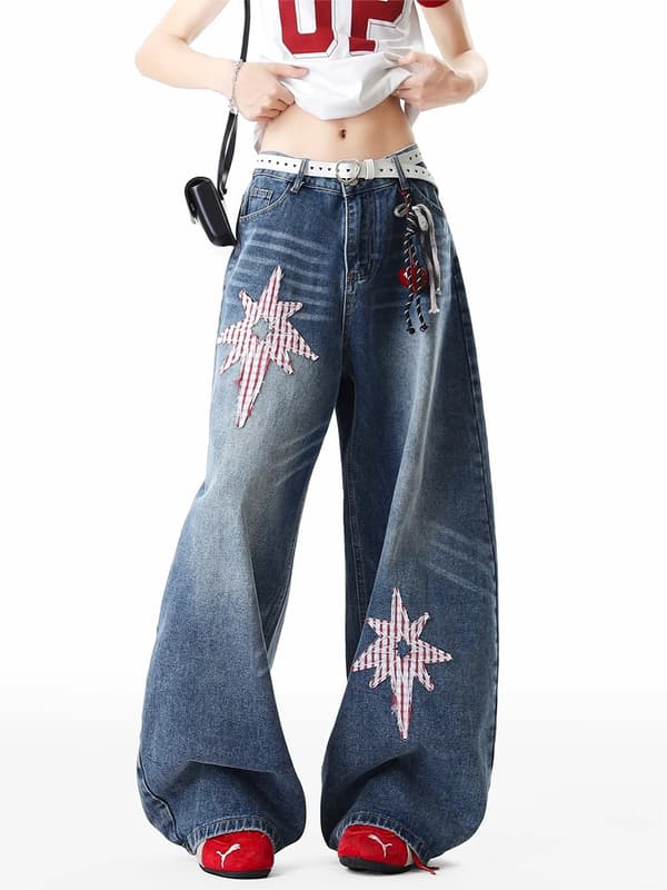 Amerikansk-stil 3D stjernemønstrede denimjeans til kvinder, efterårsdesign, løstsiddende lige ben... S