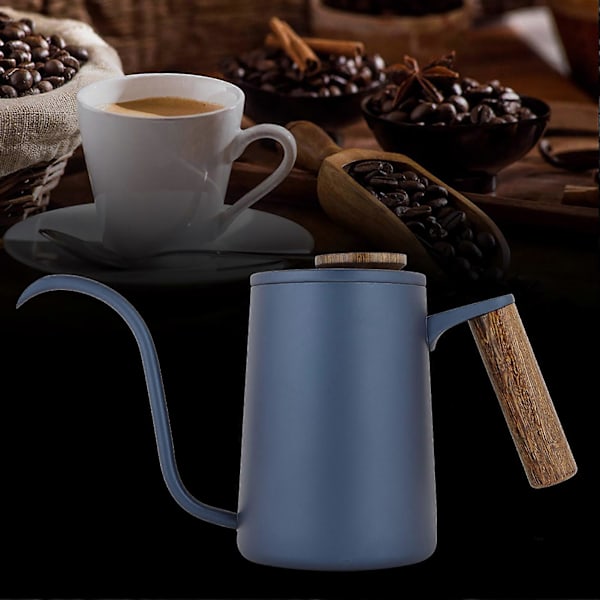 600ml Mode Rostfritt Stål Handtag Dropp Kaffekanna Lång Svanhals Pip Vattenkokare Blå