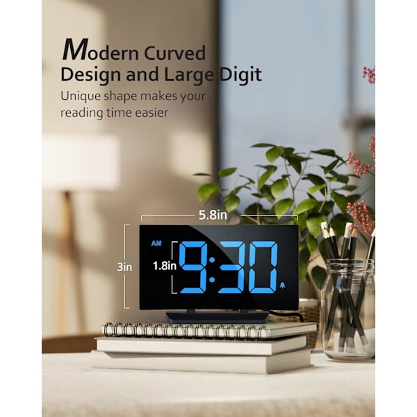 Digitalt vækkeur til soveværelse, digitalt ur med moderne kurve, tydelige blå LED-cifre, 5 lysstyrkeniveauer + slukket, 2 lydstyrker, 3 blå