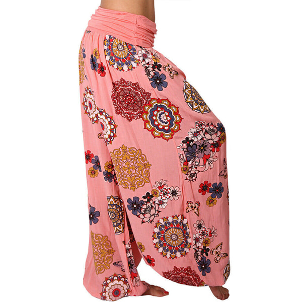 Yogabyxor för kvinnor Baggy Harem Boho Wide Leg Sports Aladdin Pants Pink,L