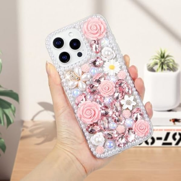 Bling Glitter Timanttikotelo iPhone 16 Pro Maxille, Ylellinen Kristallitimantti Kimalteleva Kukka Helmi Suojakotelo Naisille Tytöille