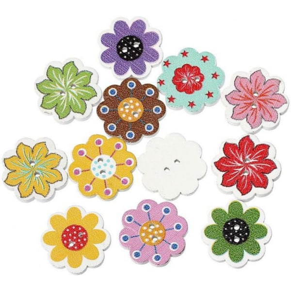 50 st/pack 20MM flerfärgade träknappar 2-håls blomformade knappar