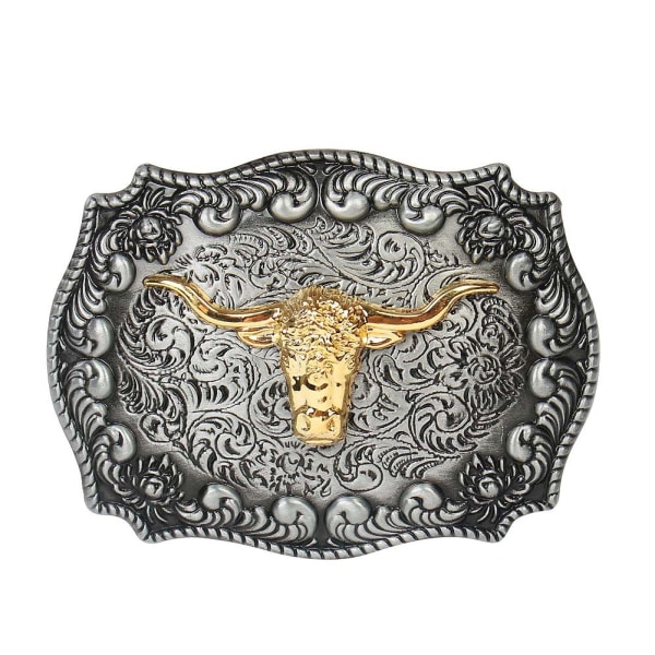 Långhorn västra bältesspänne - Retro Cowboy Gold Bull Head Spänne