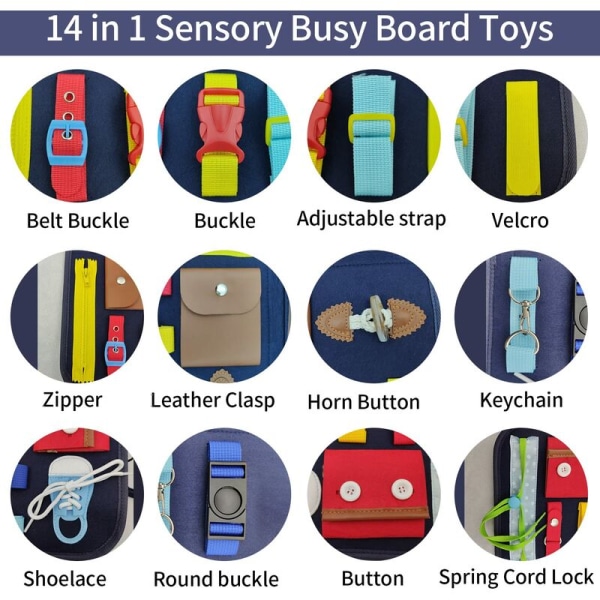 Montessori Busy Board - pedagogiska leksaker för barn (blå) med inlärningsspännen, dragkedja, skosnören och slipsar