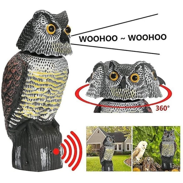 Bird Scarecrow Owl 360 Rotera huvudet för att skrämma fåglar Realistiska hemska ljud