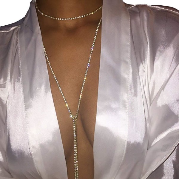 Boho Rhinestone Body Chain Gold Crystal Långt hängande halsband bröstkedja