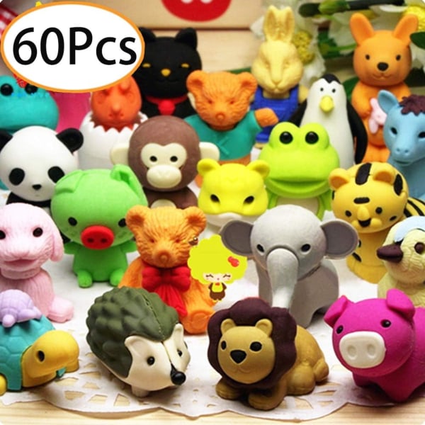60st djur penna suddgummi bulk japanska barnpussel suddgummi leksak för fester, klassrum