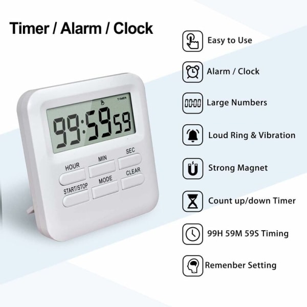 Digital timer med klocka/väckarklocka Funktion 3 i 1, magnetisk kökstimer
