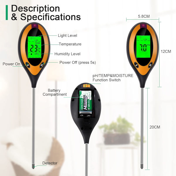 Jordfuktighetsmätare, Jord pH-mätare, 4IN1 fuktmätare