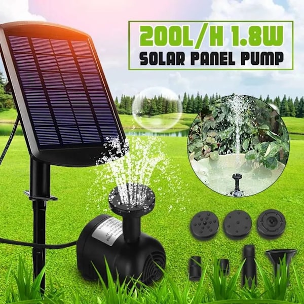 Solar fontänpump - 1,8W dammvattenpump med 4 effekter - stänkfri