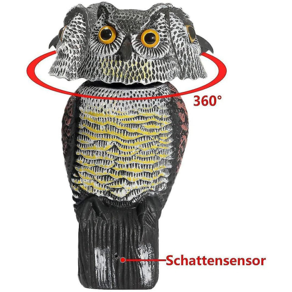 Bird Scarecrow Owl 360 Rotera huvudet för att skrämma fåglar Realistiska hemska ljud