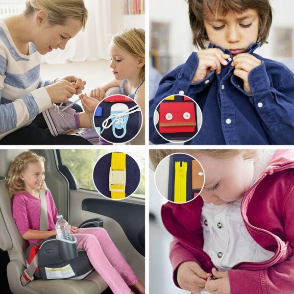 Montessori Busy Board - pedagogiska leksaker för barn (blå) med inlärningsspännen, dragkedja, skosnören och slipsar