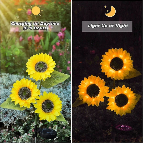 Sunflower Solar Lights Outdoor, 1 förpackning med 3 solrosor, vattentät