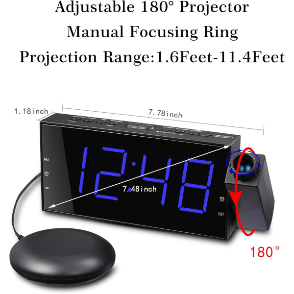 Projektionsväckarklocka, Digital Vibrationsklocka | 7" LED-skärm, dubbla larm