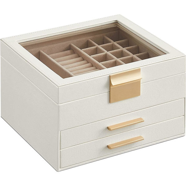 Smykkeboks, 3-etasjes smykkeboks, smykkeetui, glasslokk, med 2 skuffer, stor kapasitet, moderne stil, gaveidé White