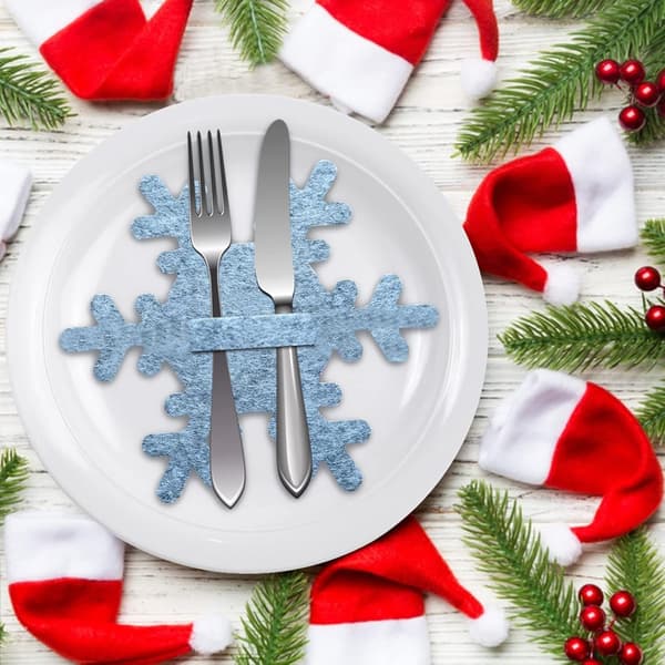 4 stk. julebestikholdere, julesnefnugformede bestikposer til julepynt, middagsbord, festpynt (blå)