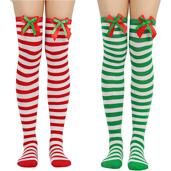 Pairs Women Knee High Stockings for Christmas Long Over Knee Stockings with Bow and Fluffy Balls for Women Halloween Christmas Party Costume