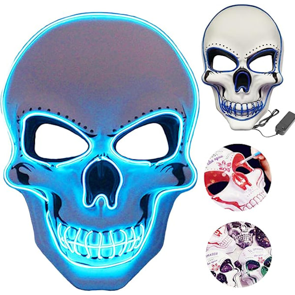 Halloween-naamiot, The Purge LED-naamio, LED-luurankonaamio, V for Vendetta -naamio, DIY-kallomaalaus ja 3 valaistustilaa juhliin, karnevaaliasuun, jouluun blue