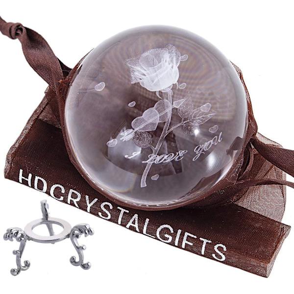 Kristall 2,4 tum (60 mm) Carving Rose Crystal Ball med Sliver-Plated Flowering Stand