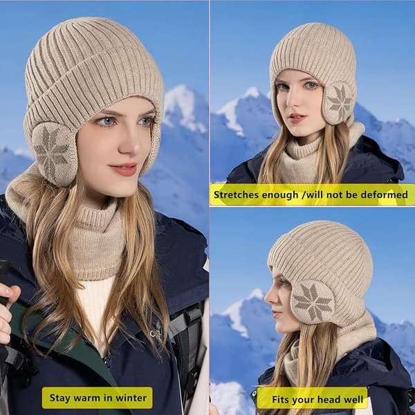 Vintermössa halsduk set, varm vintermössa, stickad mössa band halsduk beige