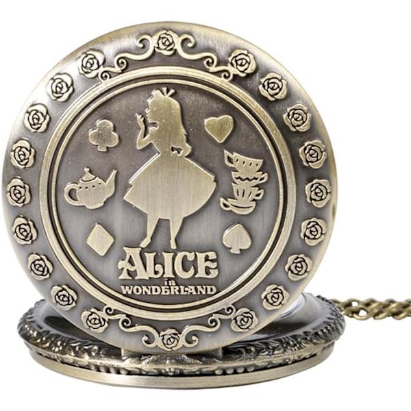 Alice i Eventyrland Tema 3D Bronze Effekt Kvinde Quartz Lommeur Kæde - På 32\" Tommer / 80cm Kæde