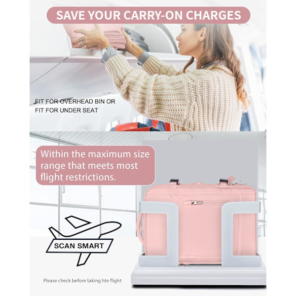 Stor Resebackpack för Laptop för Kvinnor, Handbagage Godkänd av Flygbolag, Utbyggbar Arbetsryggsäck, Personligt Föremål med Laptop pink