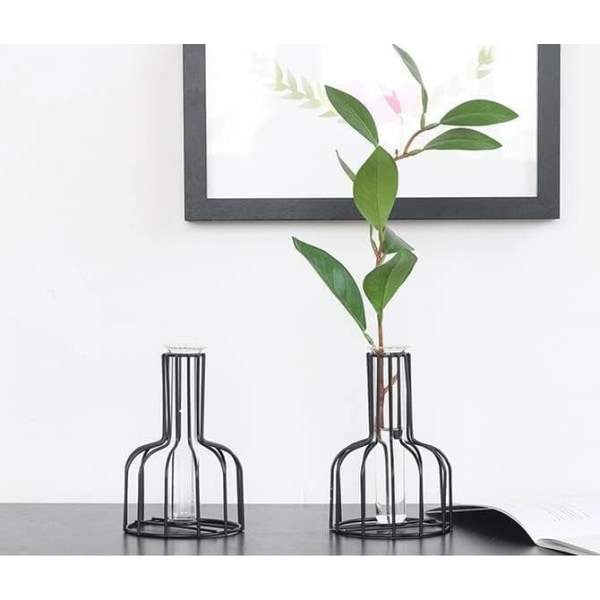 Blomstervas, svart vas med geometrisk metallram, modern glasvas för blommor, konstgjorda hydroponiska svarta vaser för blommor, mittpunkter i vardagsrummet