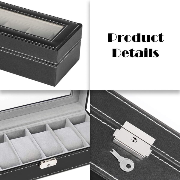 6 Slots Læder Urboks Displayboks Organizer Glas Smykkeopbevaring Sort