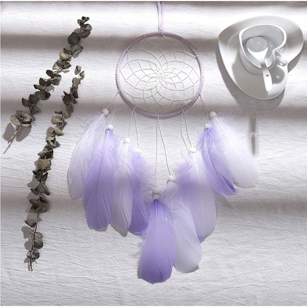 Håndlavet drømmefanger med fjer, Boho drømmefanger ornament til soveværelse, hjem, vægdekoration, mobil dekoration, børneværelsesdekoration, gave (Mauve)
