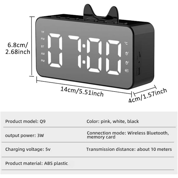 Digital väckarklocka Bluetooth-högtalare, HIFI dubbel väckarklocka digital sängklocka med USB-laddning, stereohögtalare, FM-radio, 5.0 Bluetooth, dimbar