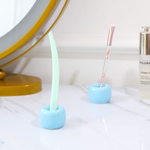 Mini keramik handgjorda par tandborsthållare ställ för badrumsskåp, blå, paket med 2
