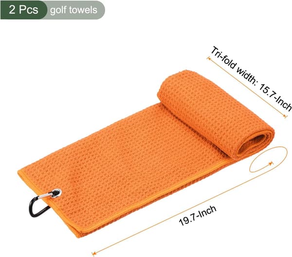 2 stk. Tri-Fold golfhåndklæder, golfkølle vaffelmønster håndklæder, med D-clips til golfboldelskere (orange, 50,8 x 40,6 cm)