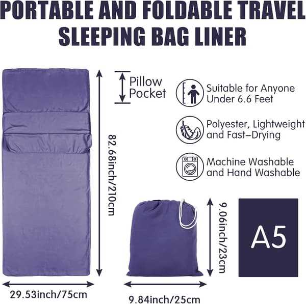 Liners Rejselagen Soveposeforing, 75 x 210 cm Bærbar Polyester Soveposeforing til Rejser Vandrehjem, Lilla