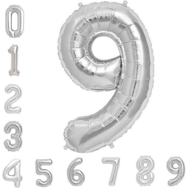 Silver nummer 9 ballong, 9-årsfest folie Mylar heliumballonger, 40 tum