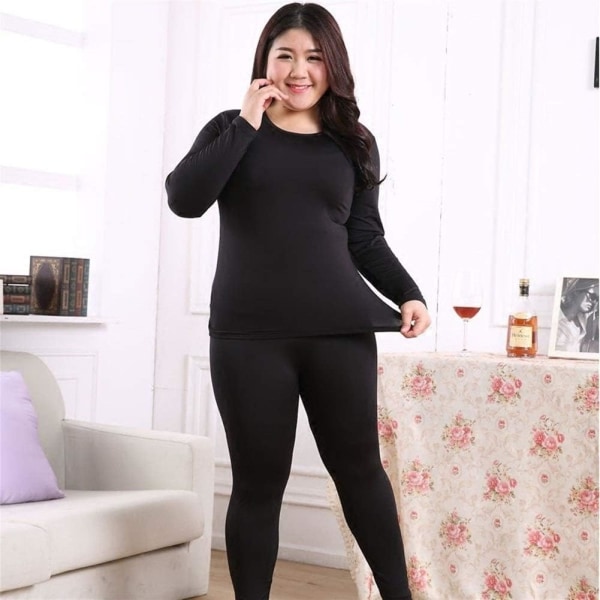 Plus Size Termisk Undertøj Kvinder Vintertøj Todelt Varm Dragt Lang Kvinder Stor Størrelse Vinter Fleece Varm Tøj Hold Varme Sort XXL