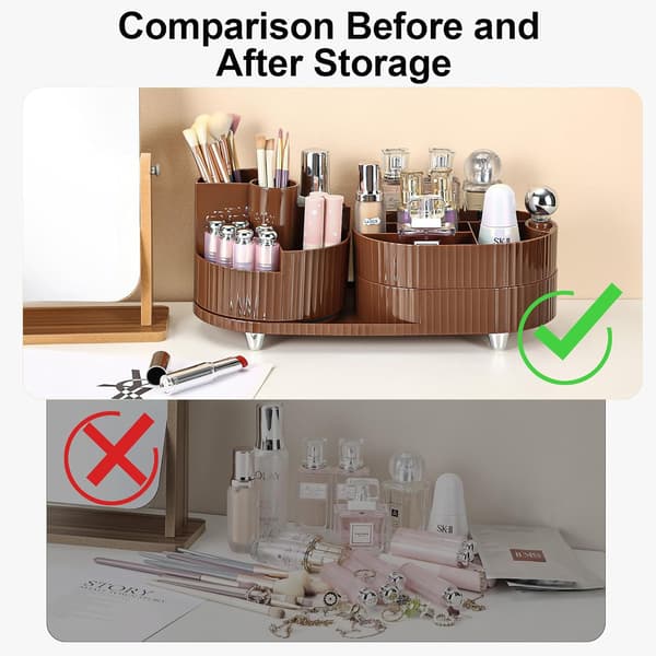 Makeup Organizer, 360° Roterende Makeup Organizer med 3-lags Rum, Perfekt til Kommode, Badeværelse, Soveværelse (Brun, To lag)
