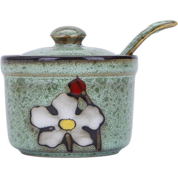 Retro Hand Painted Flower Ceramic Round Sugar Bowls Spice Containers Porcelain Jar with Spoon Round Condiment