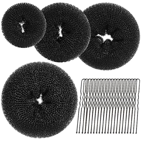 Hårbulleformare set, 4 hårbitar bulleformare (extra stor, stor, medium, liten) med stora svarta hårnålar 20 st