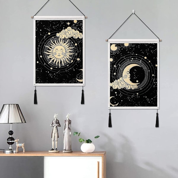 2-pack Måne och Sol Väggbonader med Tofsar Tarot Banner Svart Väggbonad Bohemisk Stjärna Moln Väggdekor för Sovrum Vardagsrum