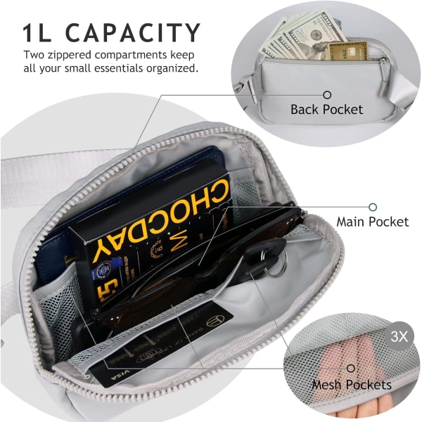 Crossbody Fanny Pack för kvinnor och män, överallt bältesväska med justerbar rem, för utomhusvandring, löpning, resor, casual gray