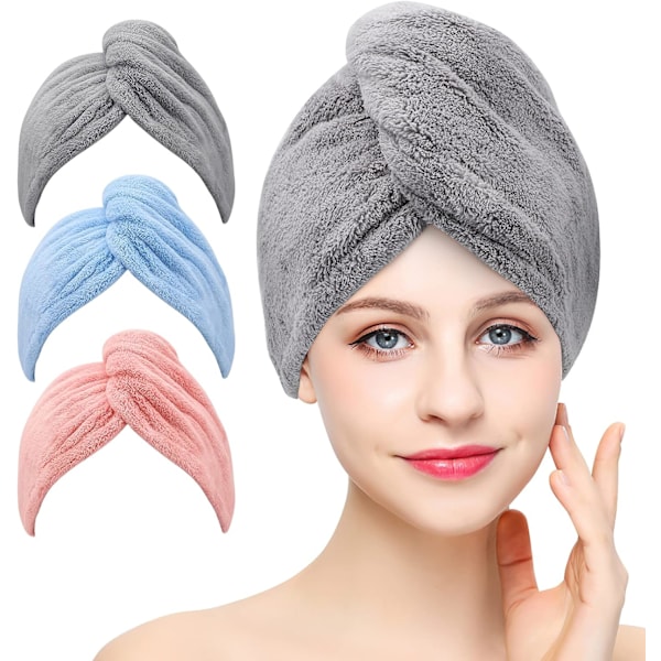 3 st Mikrofiber Hårhanddukar Superabsorberande Twist Turban Snabbtorkande Handduk med Knappar för Badrum Salong Torkhatt
