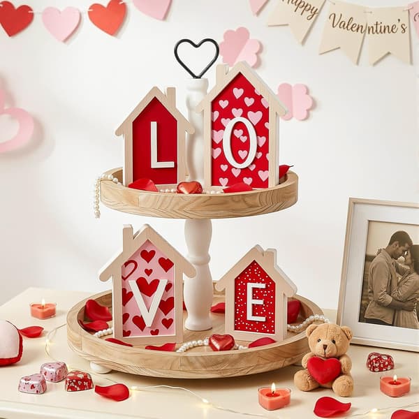 Valentinsdagdekorasjoner, 4 stk. Valentinsdekor 3D Trehusformede Skilt