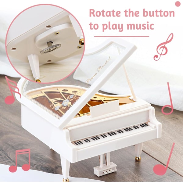 Klassisk Pianomusikboks, Musikgaver, Let Melodi, Personlige Gaver til Piger, Mini Pianobords Ornament (Hvid)